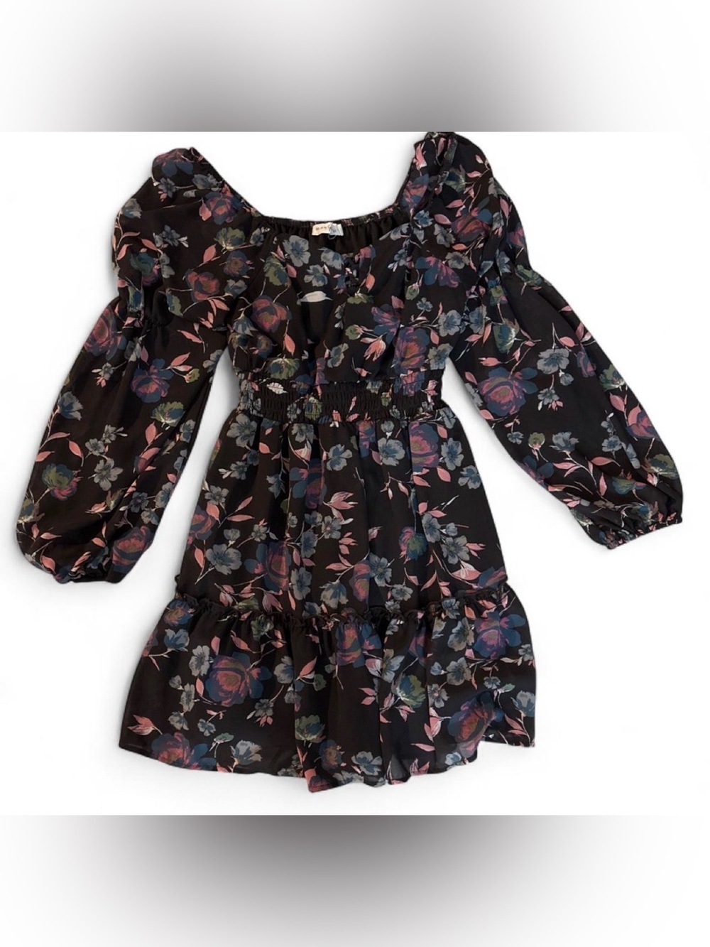 Women’s Dark Gray Floral Smocked Waist Casual Dress
